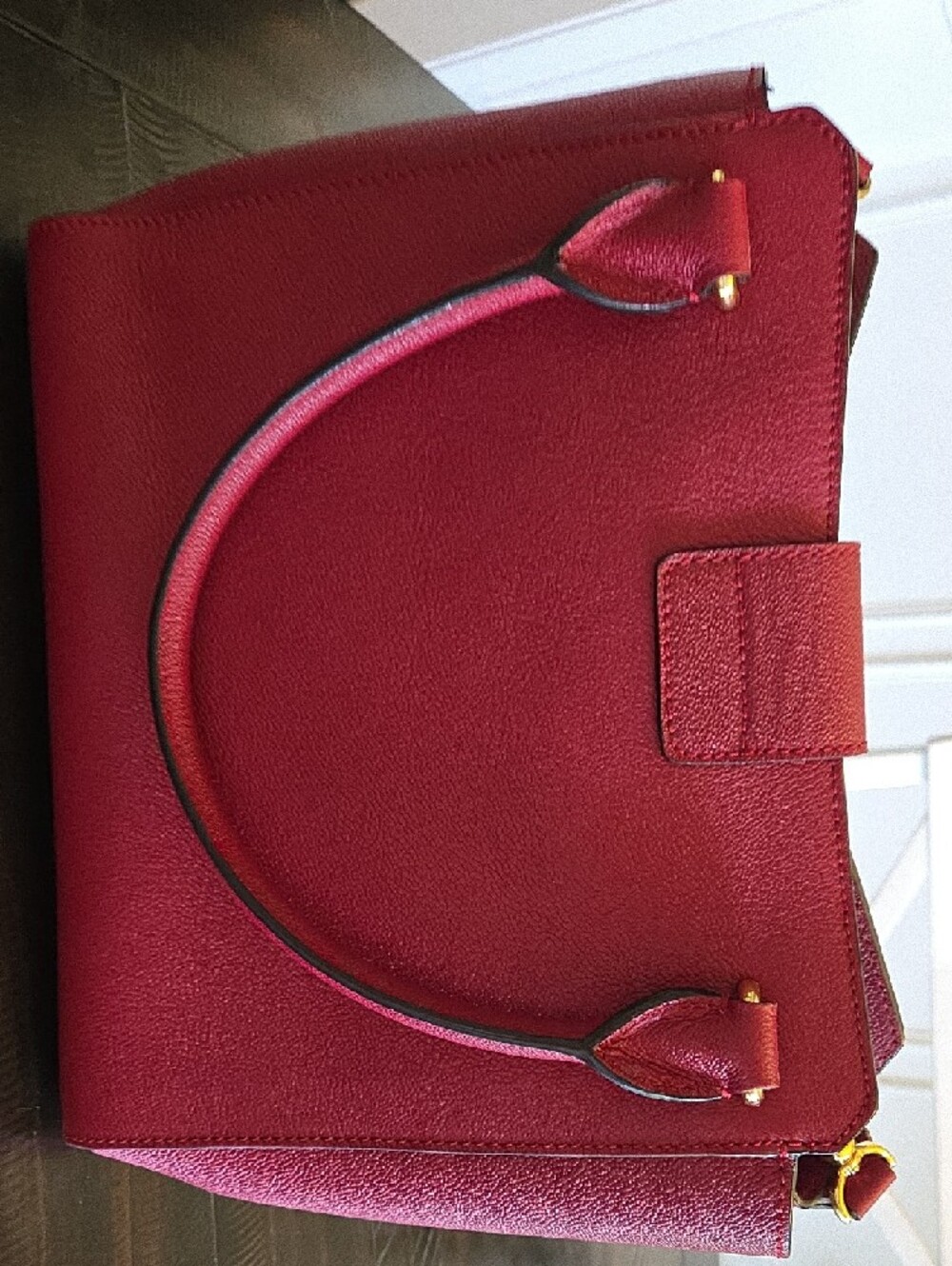 Burberry Burgundy Leather Satchel with Gold Buckle and Check Strap - Picture 5 of 5